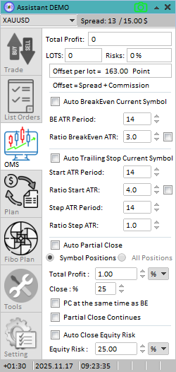 تصویر اکسپرت مدیریت سرمایه Assistant برای MT5 با امکانات پارشال کلوز و Trailing Stop